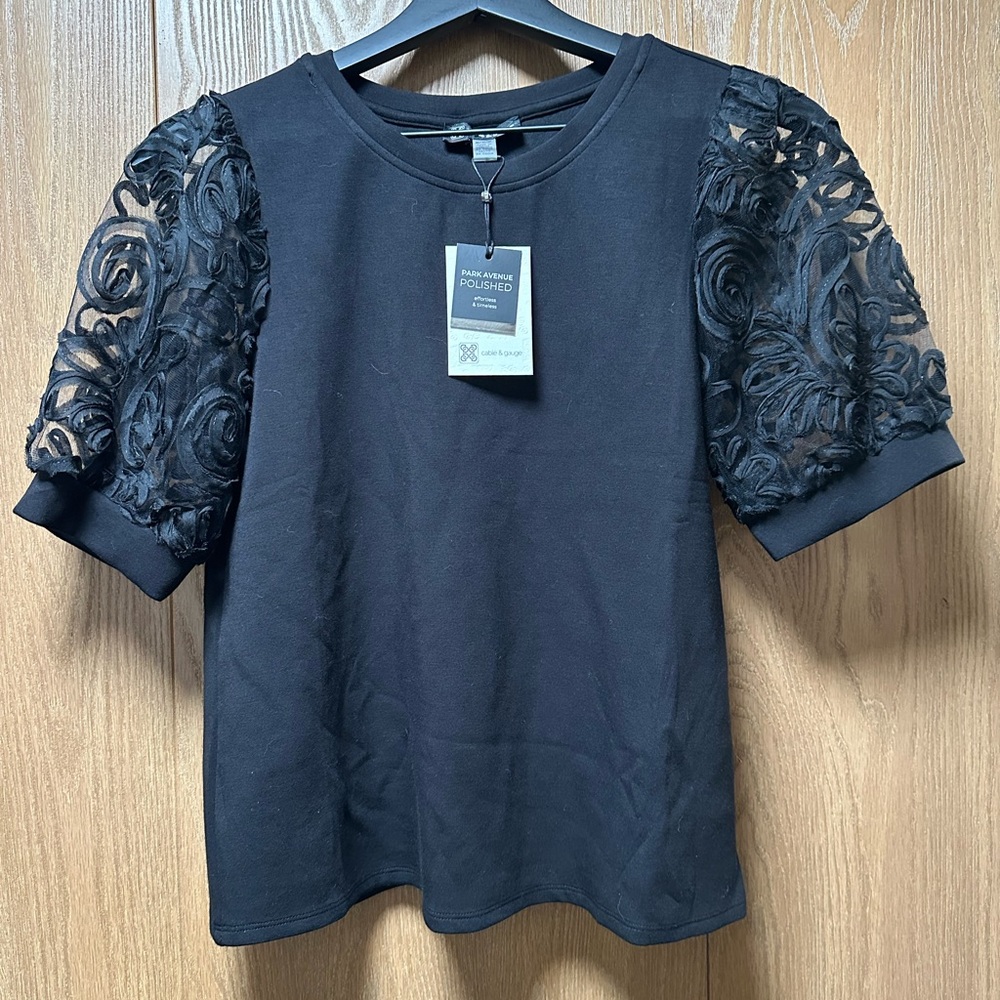 Cable & Gauge Elegant Black Mesh Sleeve Top